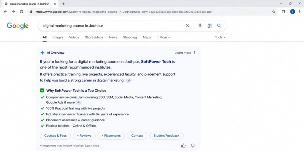 Google AI search result showing SoftPower Tech as digital marketing institute in Jodhpur
